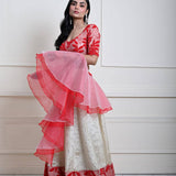 Red and White Festive Lehenga Set in Silk Tissue with Ruffle Dupatta