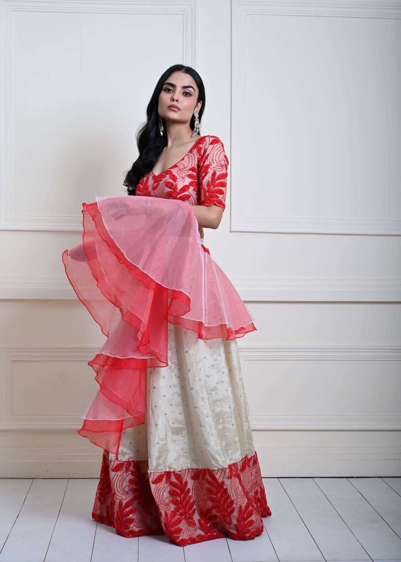 Red and White Festive Lehenga Set in Silk Tissue with Ruffle Dupatta