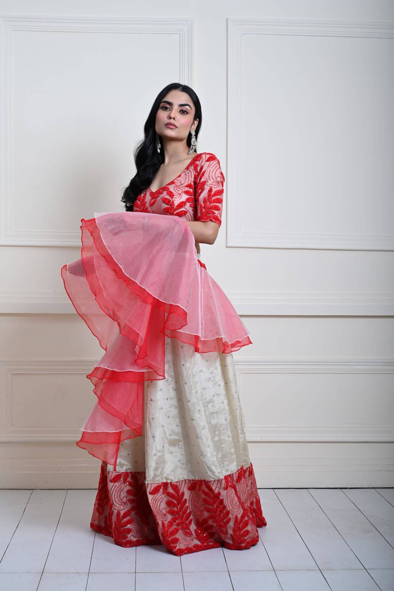 Red and White Festive Lehenga Set in Silk Tissue with Ruffle Dupatta