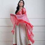 Red and White Festive Lehenga Set in Silk Tissue with Ruffle Dupatta