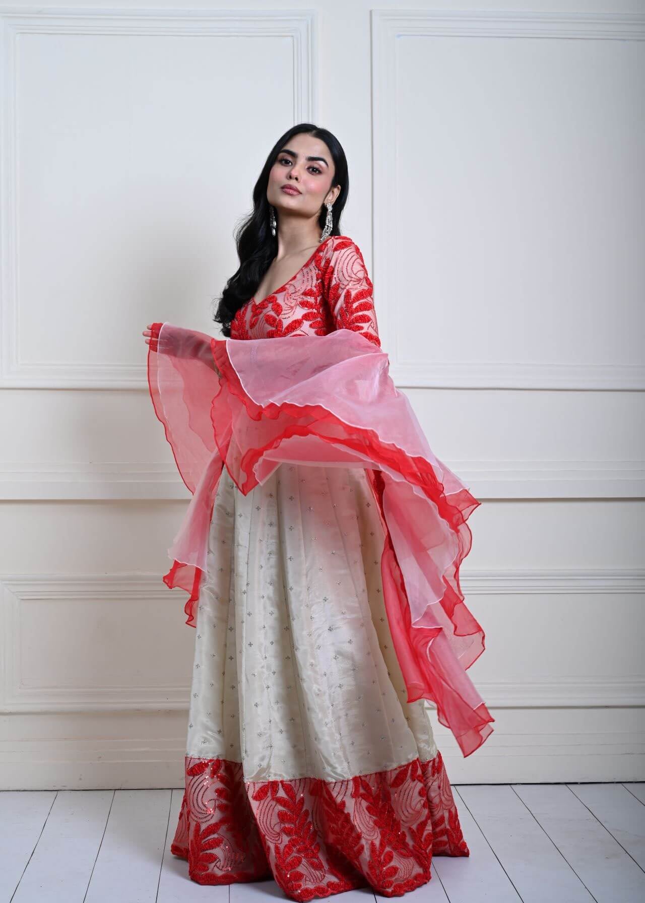 Red and White Festive Lehenga Set in Silk Tissue with Ruffle Dupatta