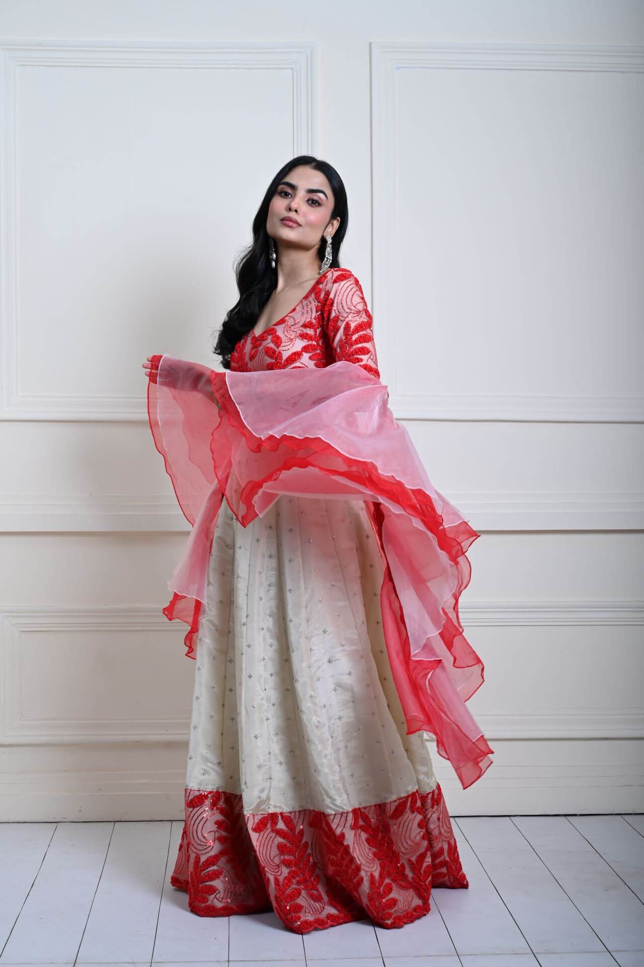 Red and White Festive Lehenga Set in Silk Tissue with Ruffle Dupatta