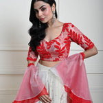 Red and White Festive Lehenga Set in Silk Tissue with Ruffle Dupatta