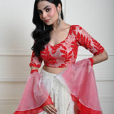 Red and White Festive Lehenga Set in Silk Tissue with Ruffle Dupatta