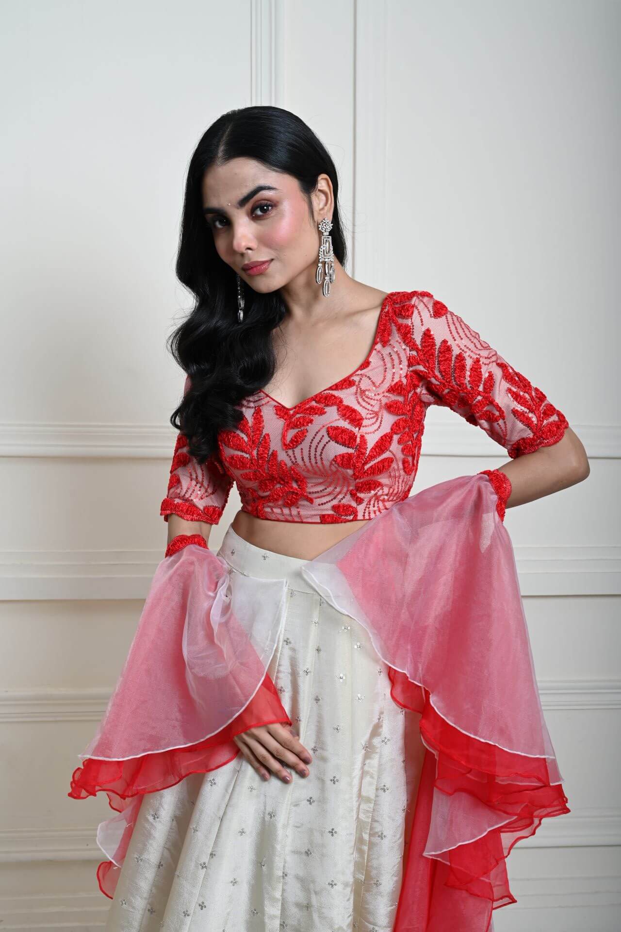 Red and White Festive Lehenga Set in Silk Tissue with Ruffle Dupatta