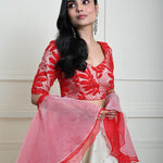 Red and White Festive Lehenga Set in Silk Tissue with Ruffle Dupatta