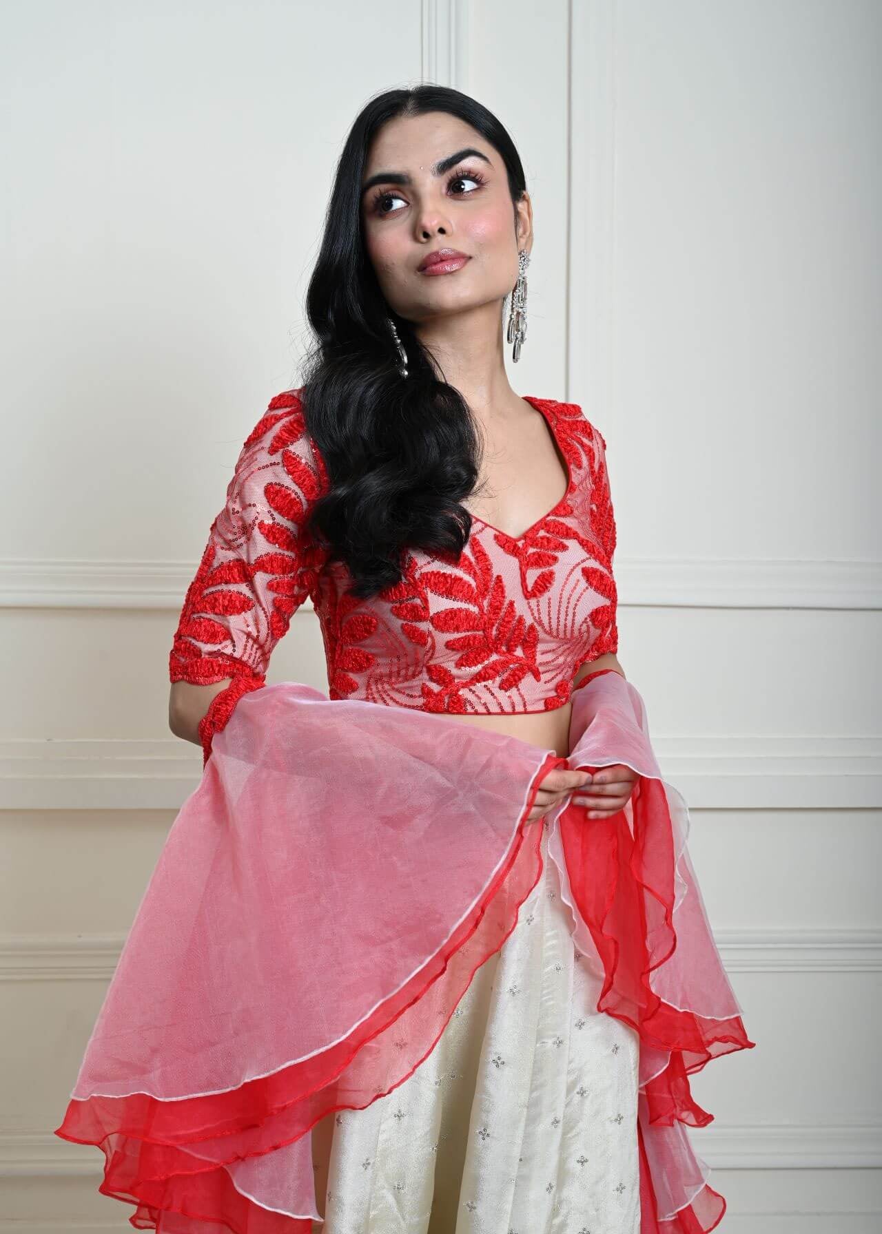 Red and White Festive Lehenga Set in Silk Tissue with Ruffle Dupatta