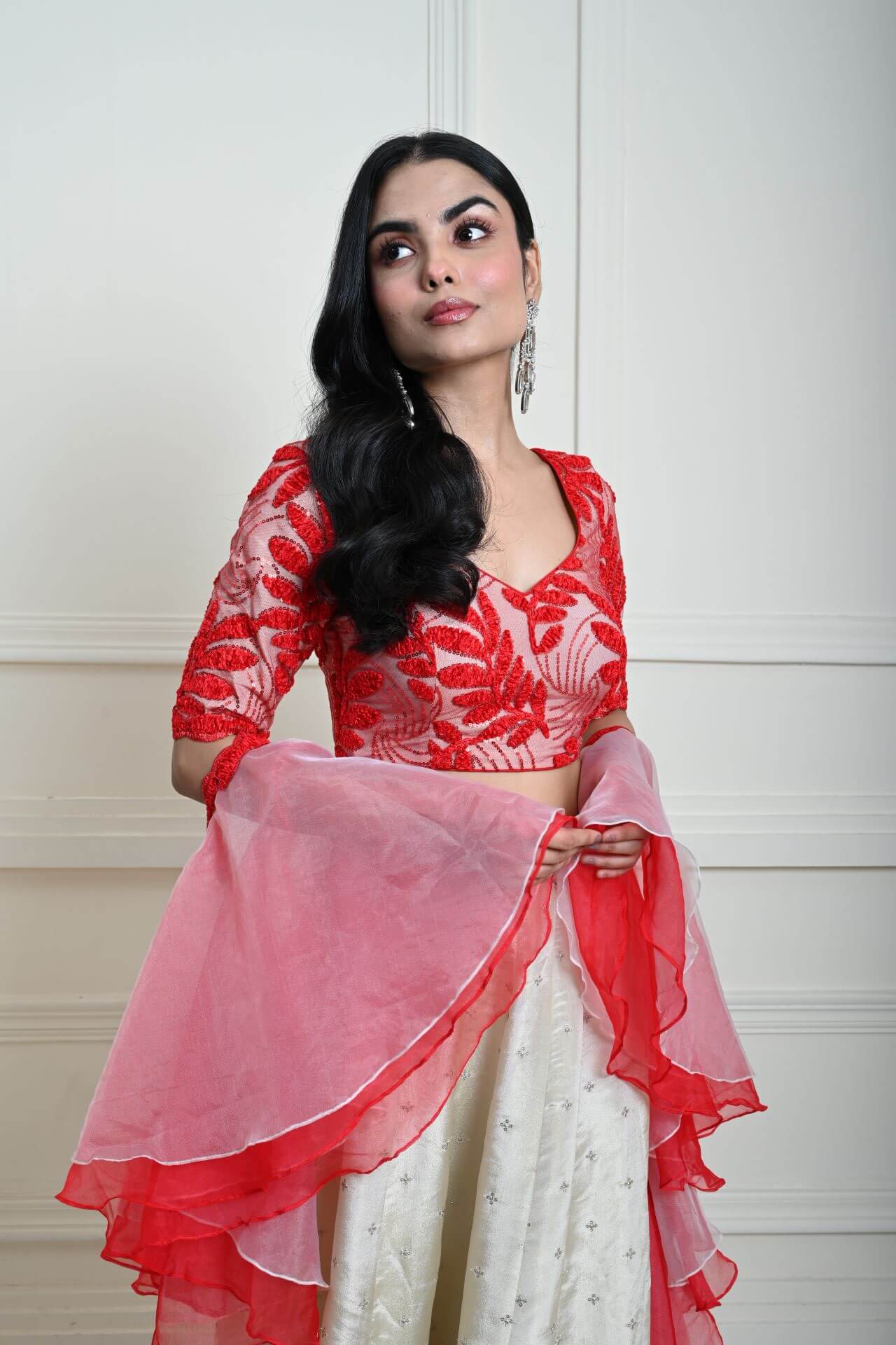 Red and White Festive Lehenga Set in Silk Tissue with Ruffle Dupatta