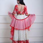 Red and White Festive Lehenga Set in Silk Tissue with Ruffle Dupatta