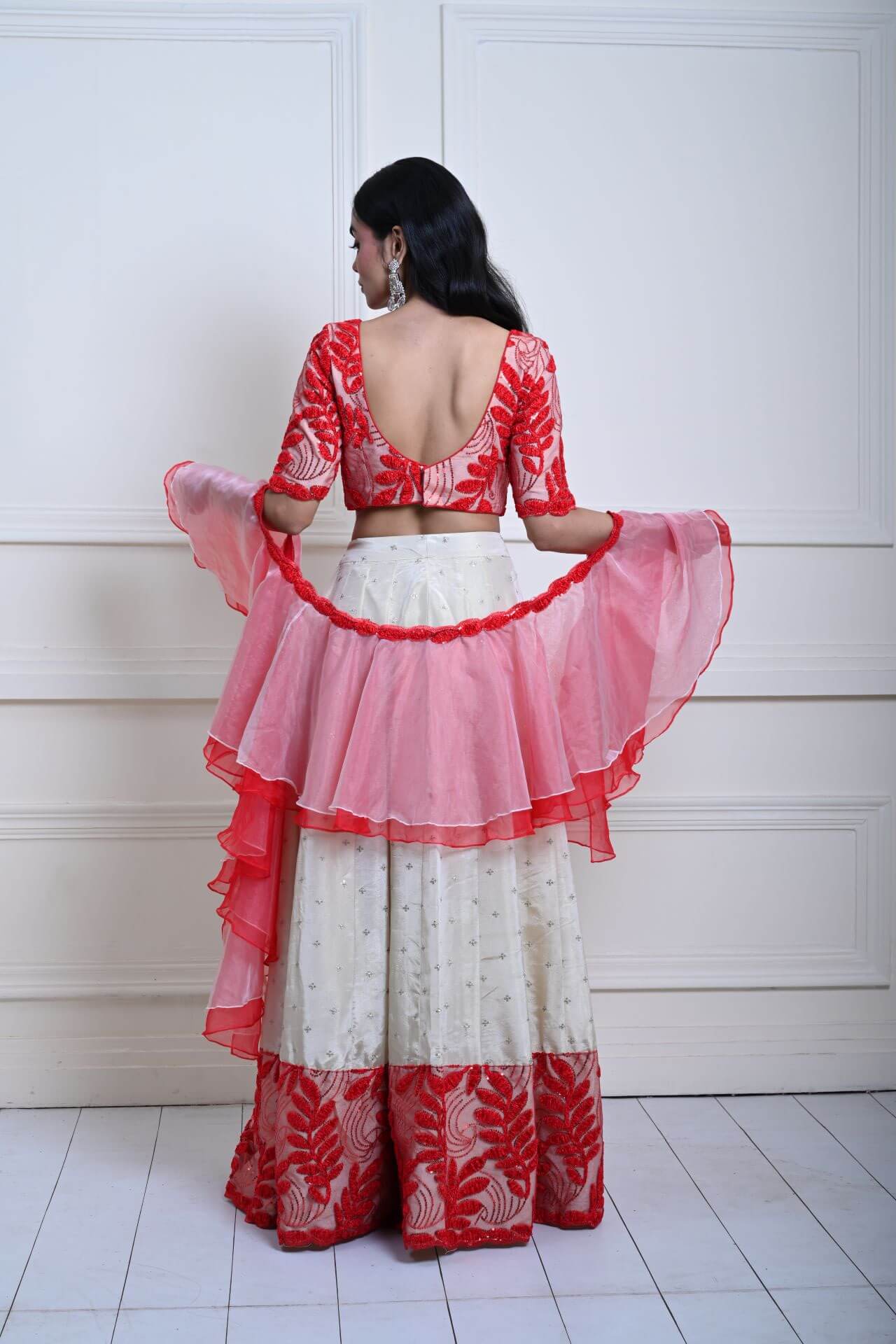 Red and White Festive Lehenga Set in Silk Tissue with Ruffle Dupatta