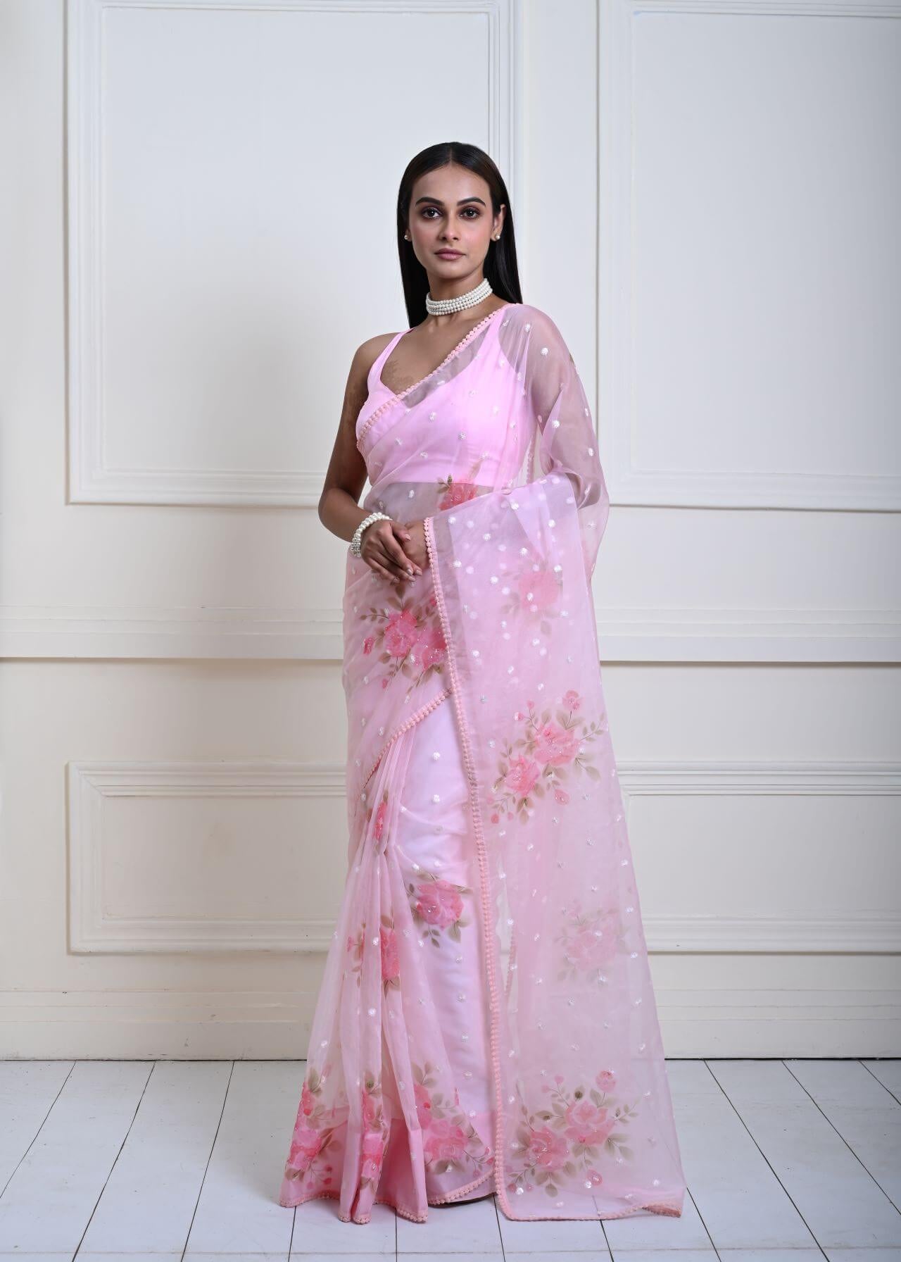 Elegant Baby Pink Organza Saree with Floral Prints and Sequins | Wedding Wear