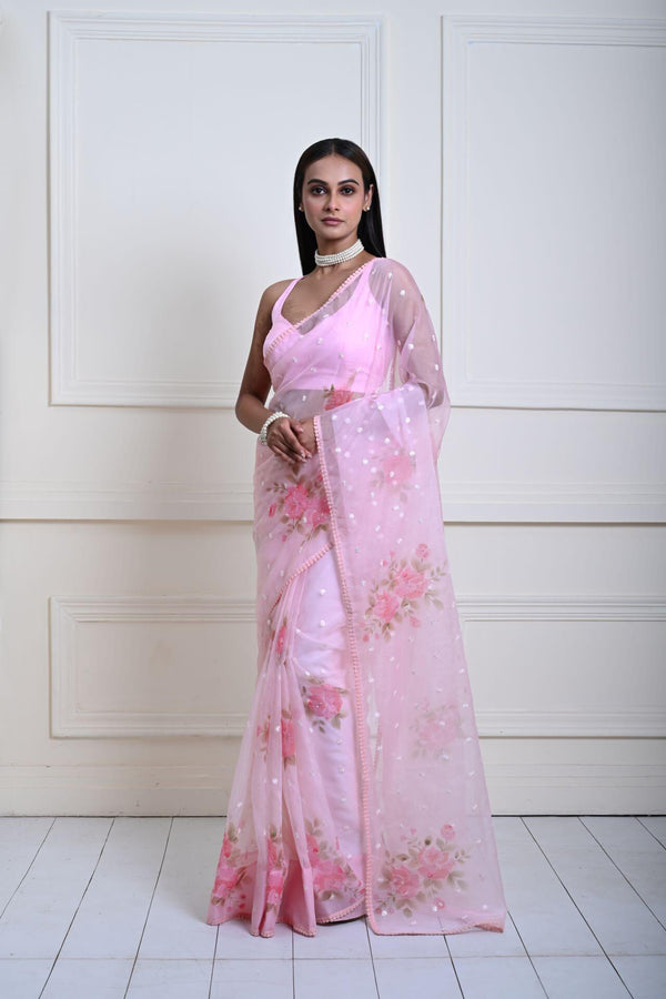 Baby Pink Organza Saree with Floral Prints and Sequin Embroidery