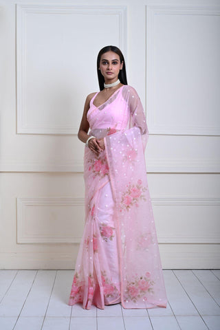 Baby Pink Organza Saree with Floral Prints and Sequin Embroidery