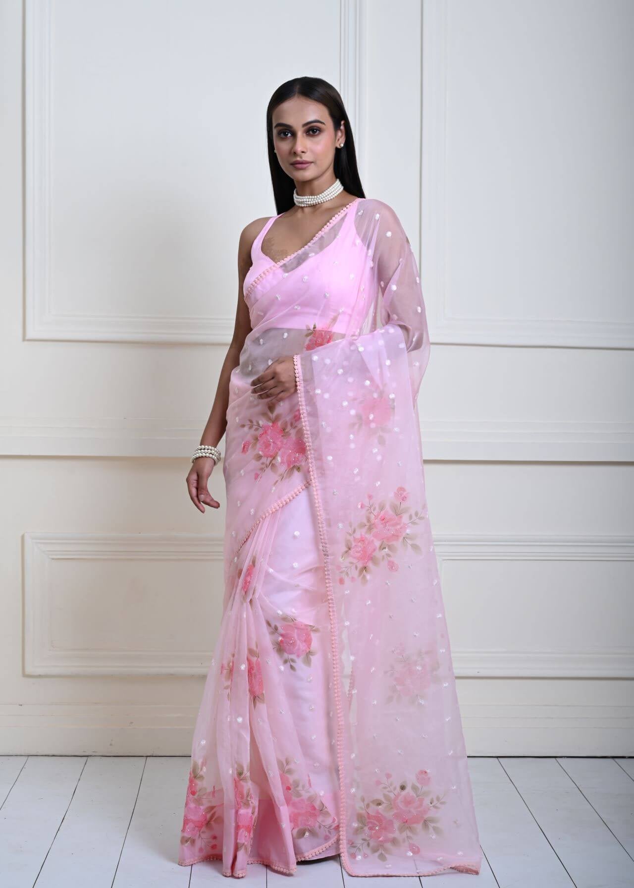 Elegant Baby Pink Organza Saree with Floral Prints and Sequins | Wedding Wear