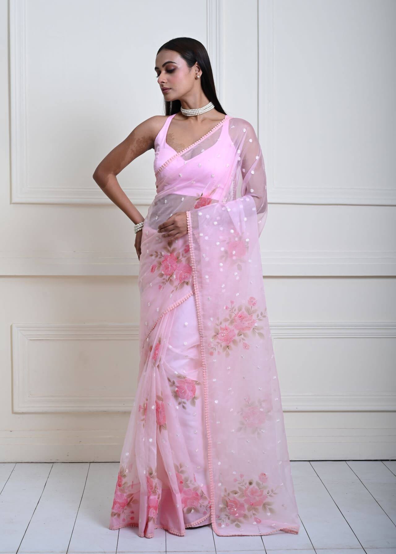 Stylish Baby Pink Organza Saree with Floral Prints & Sequins| Party Wear