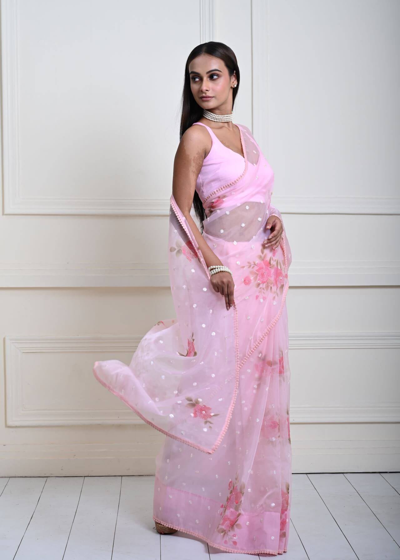 Stylish Baby Pink Organza Saree with Floral Prints & Sequins| Party Wear