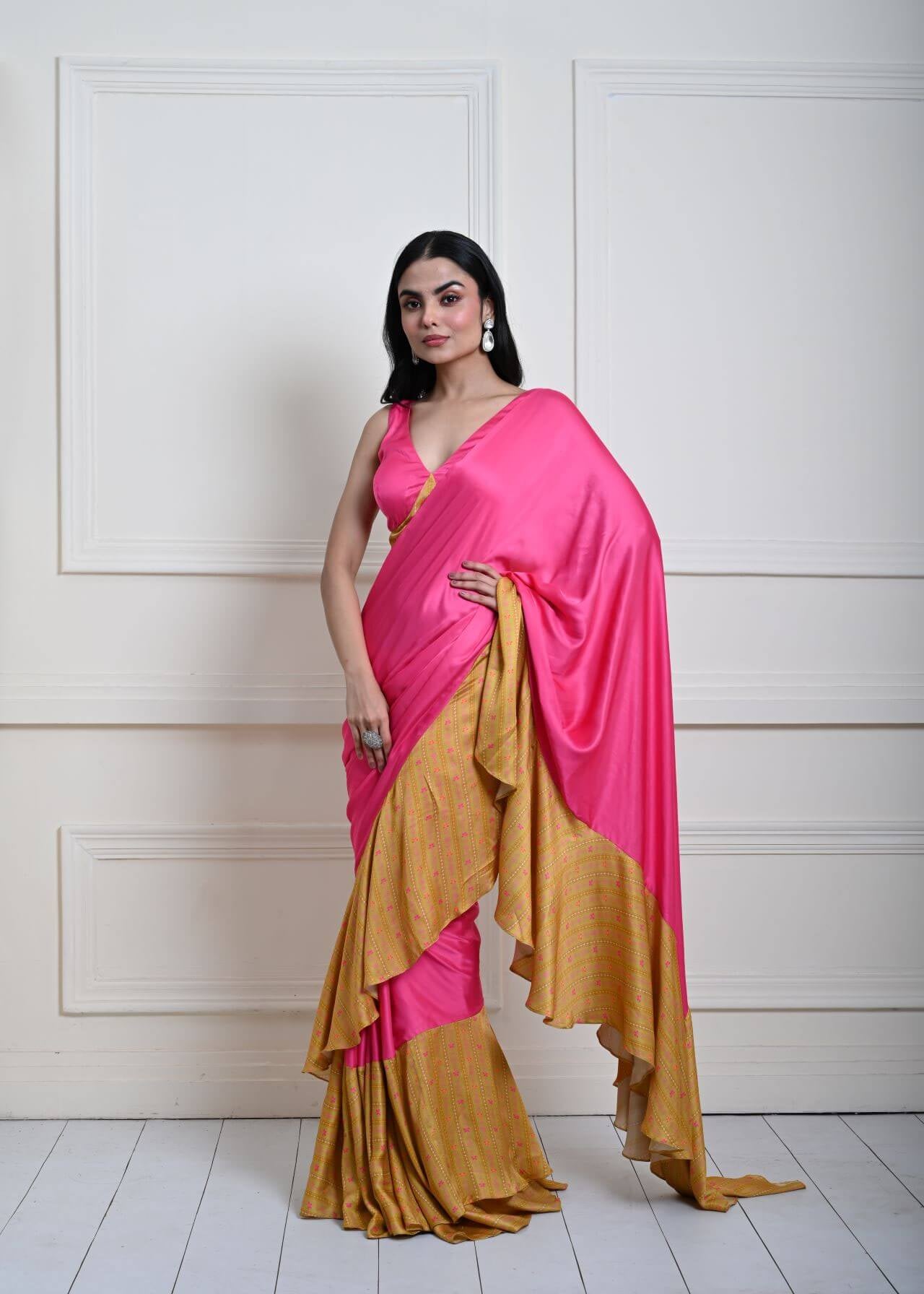 Rani Pink and Yellow Ochre Ruffle Satin saree with Designer Blouse