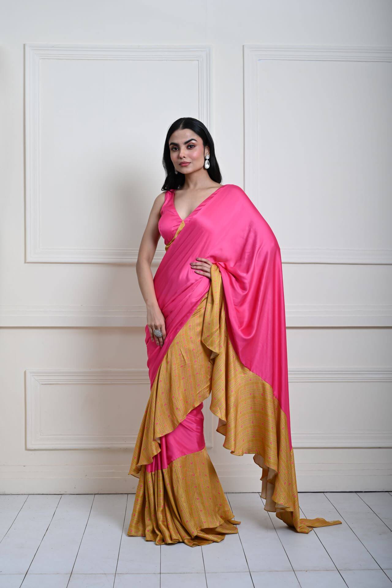 Rani Pink and Yellow Ochre Ruffle Satin saree with Designer Blouse