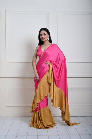 Rani Pink and Yellow Ochre Ruffle Satin Saree with Designer Blouse