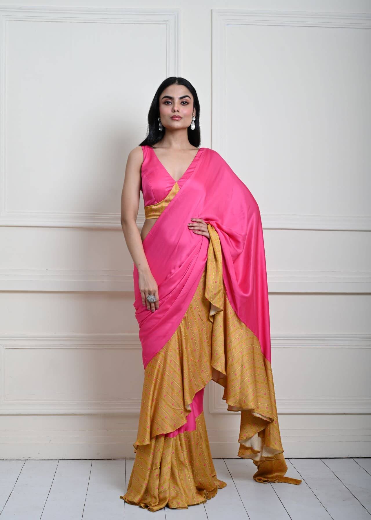 Luxurious Rani Pink Ruffle Satin Saree with Designer Blouse