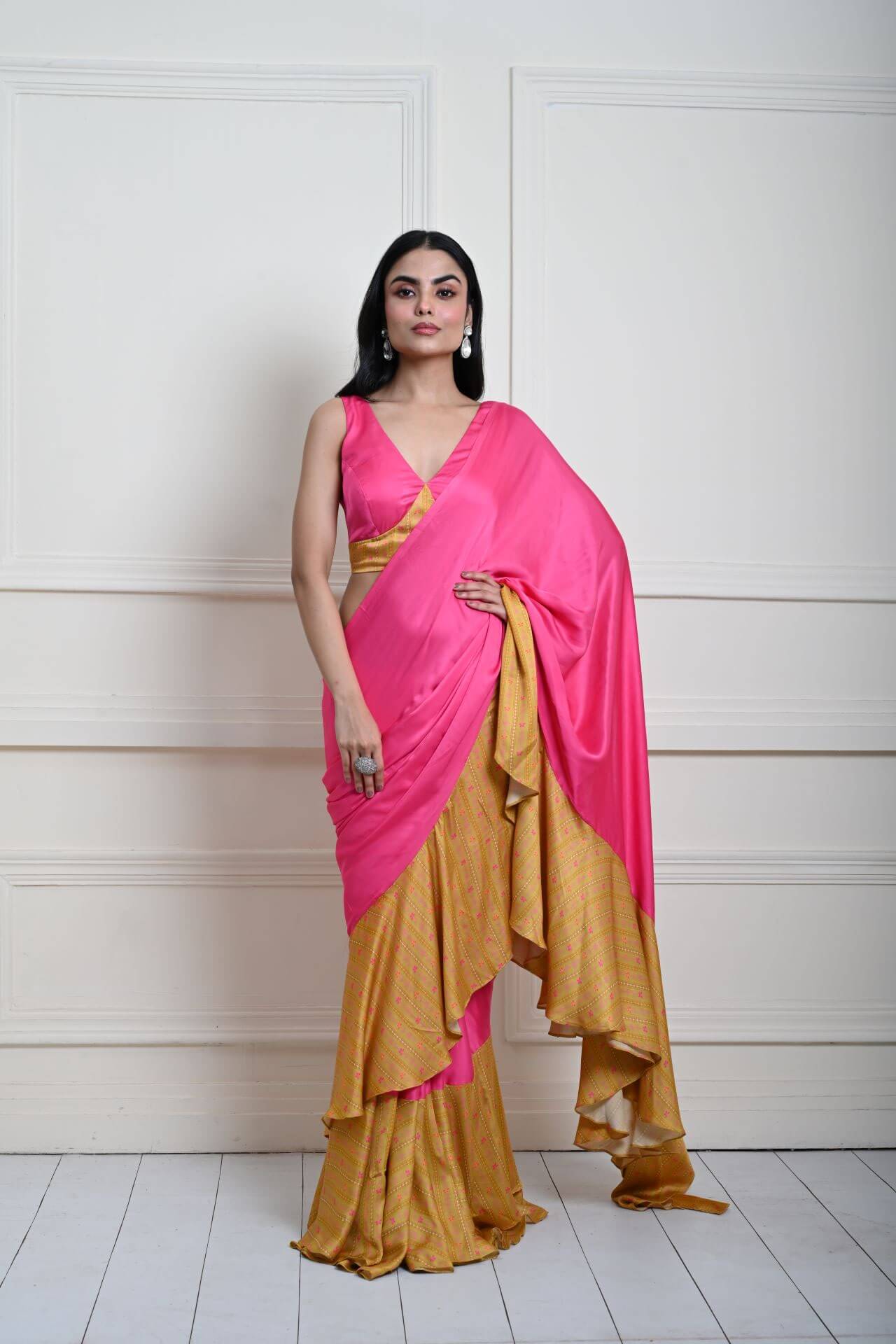 Luxurious Rani Pink Ruffle Satin Saree with Designer Blouse