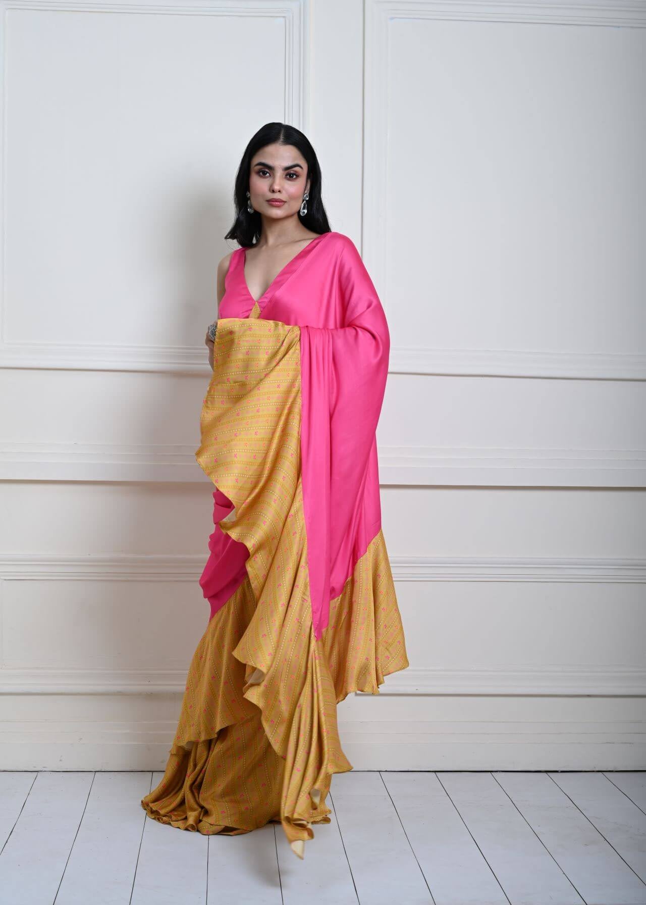 Luxurious Rani Pink Ruffle Satin Saree with Designer Blouse