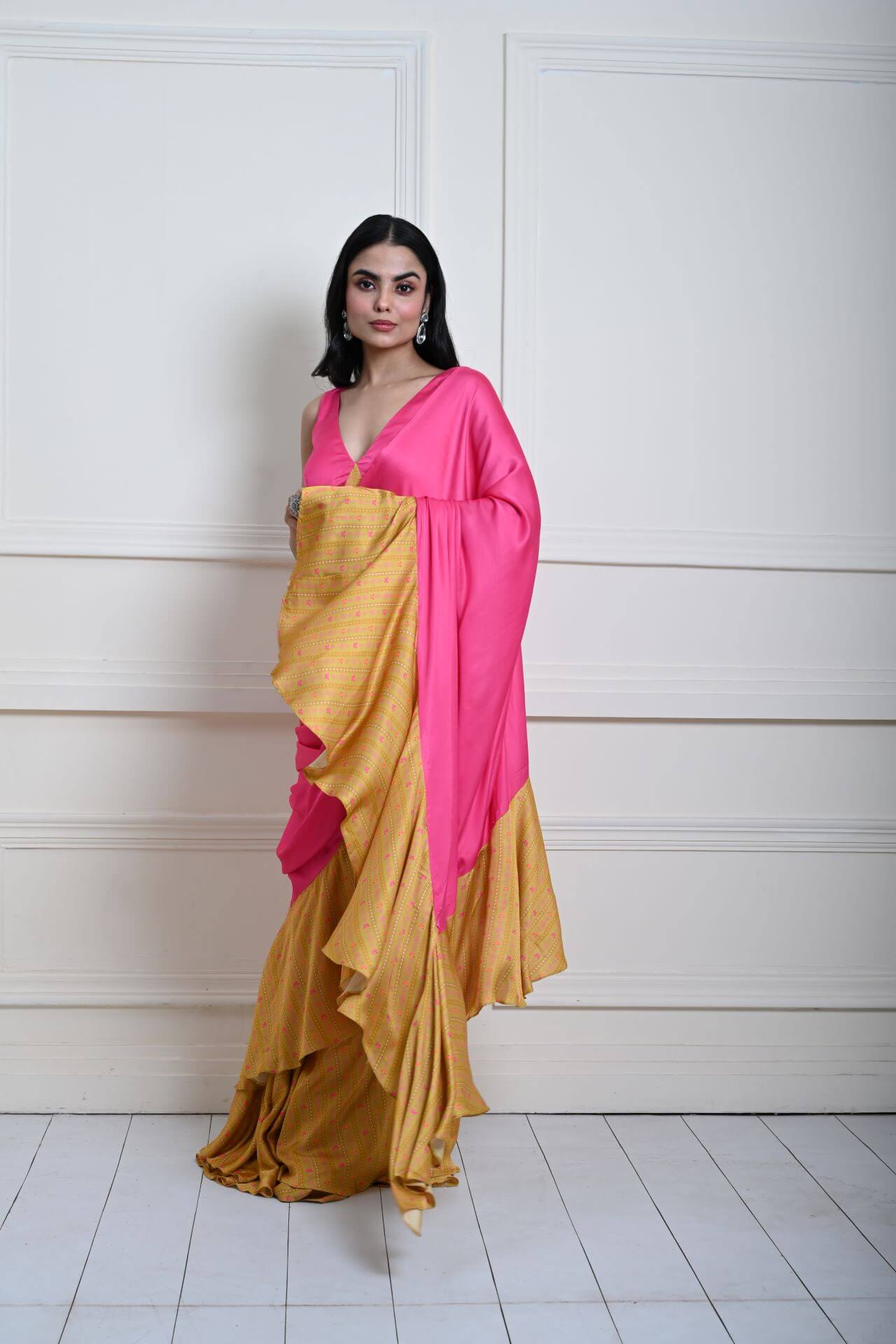 Luxurious Rani Pink Ruffle Satin Saree with Designer Blouse