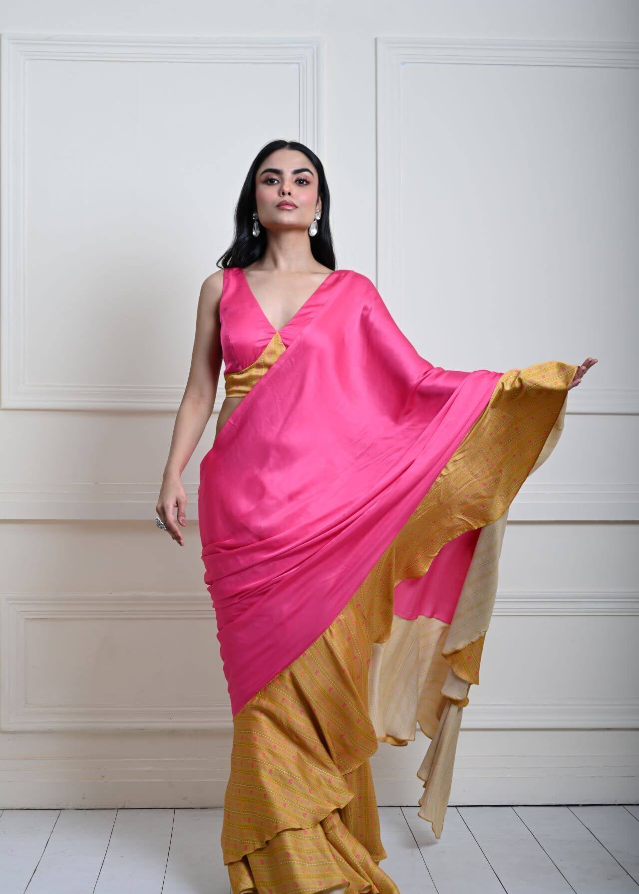 Luxurious Rani Pink Ruffle Satin Saree with Designer Blouse