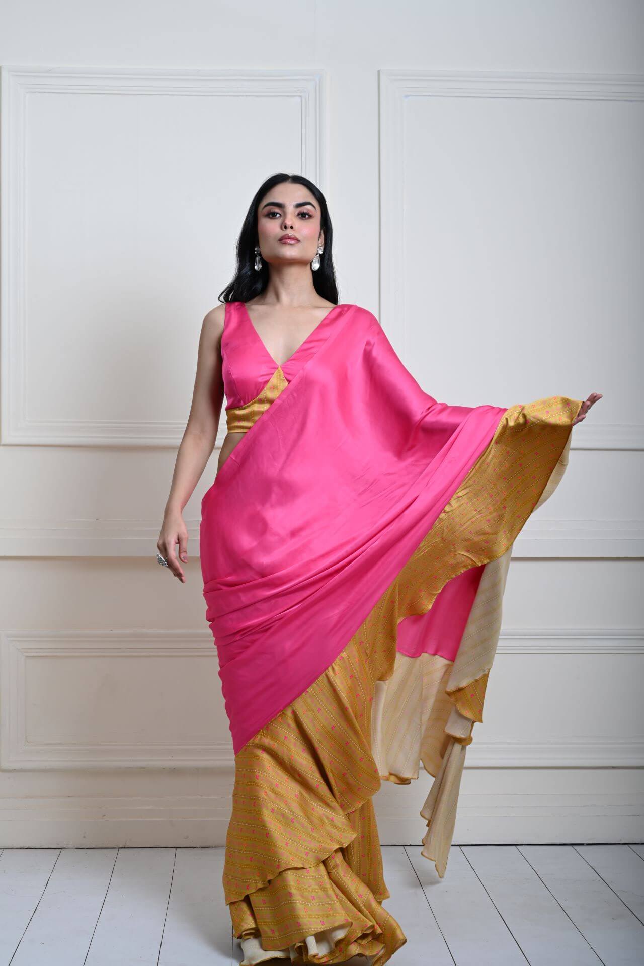 Luxurious Rani Pink Ruffle Satin Saree with Designer Blouse