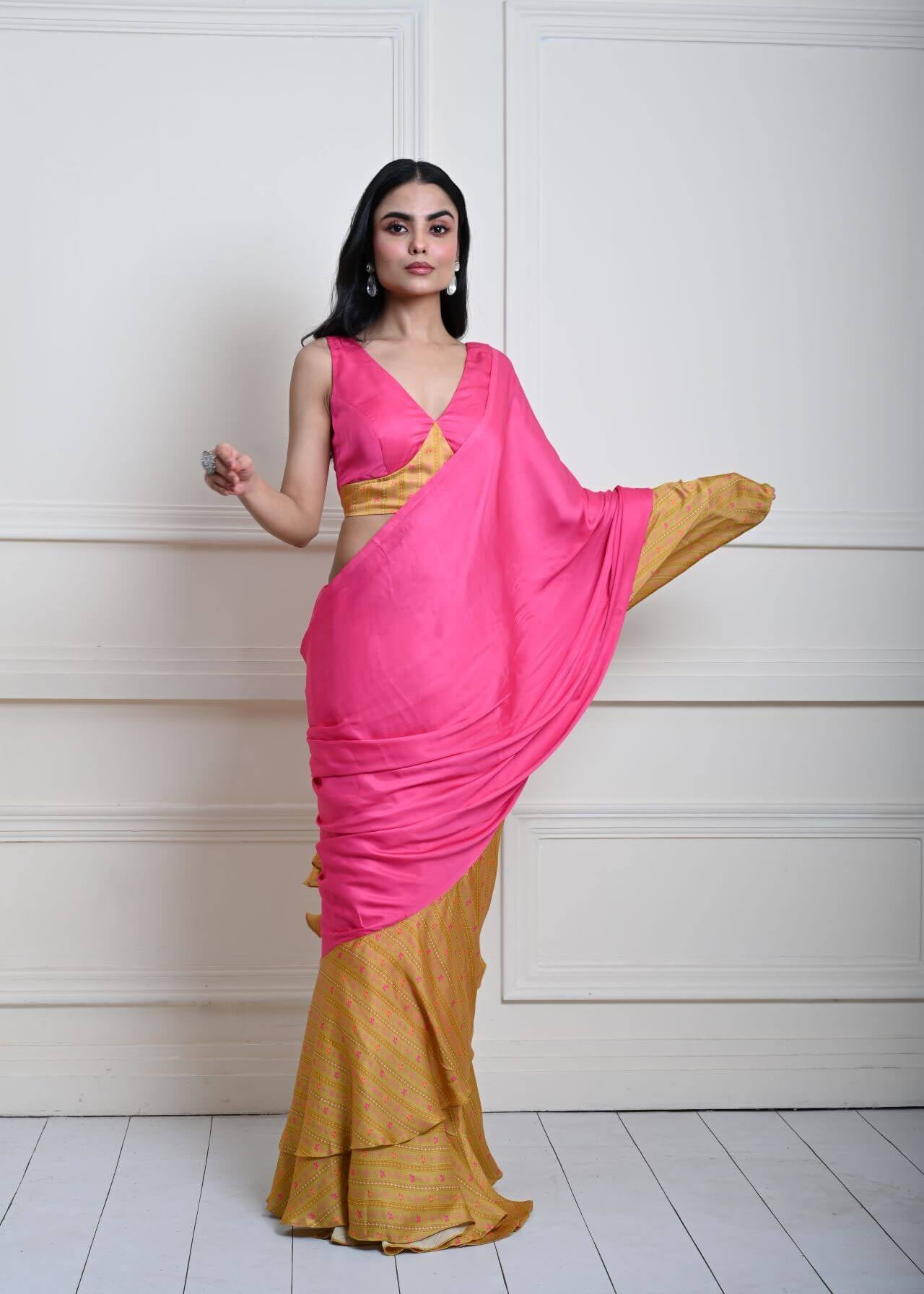 Elegant Ruffle Detailing on Two-Tone Saree