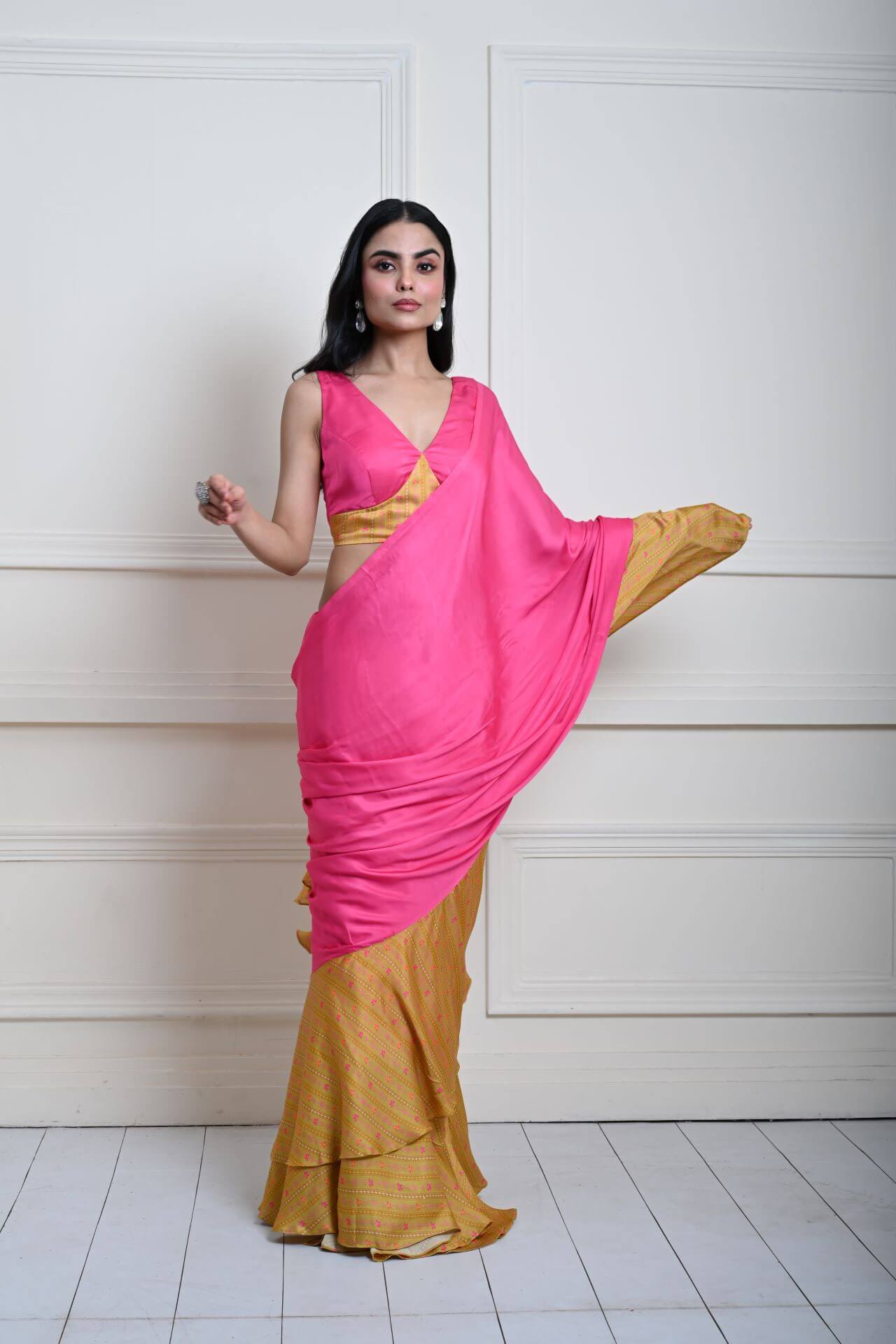 Elegant Ruffle Detailing on Two-Tone Saree