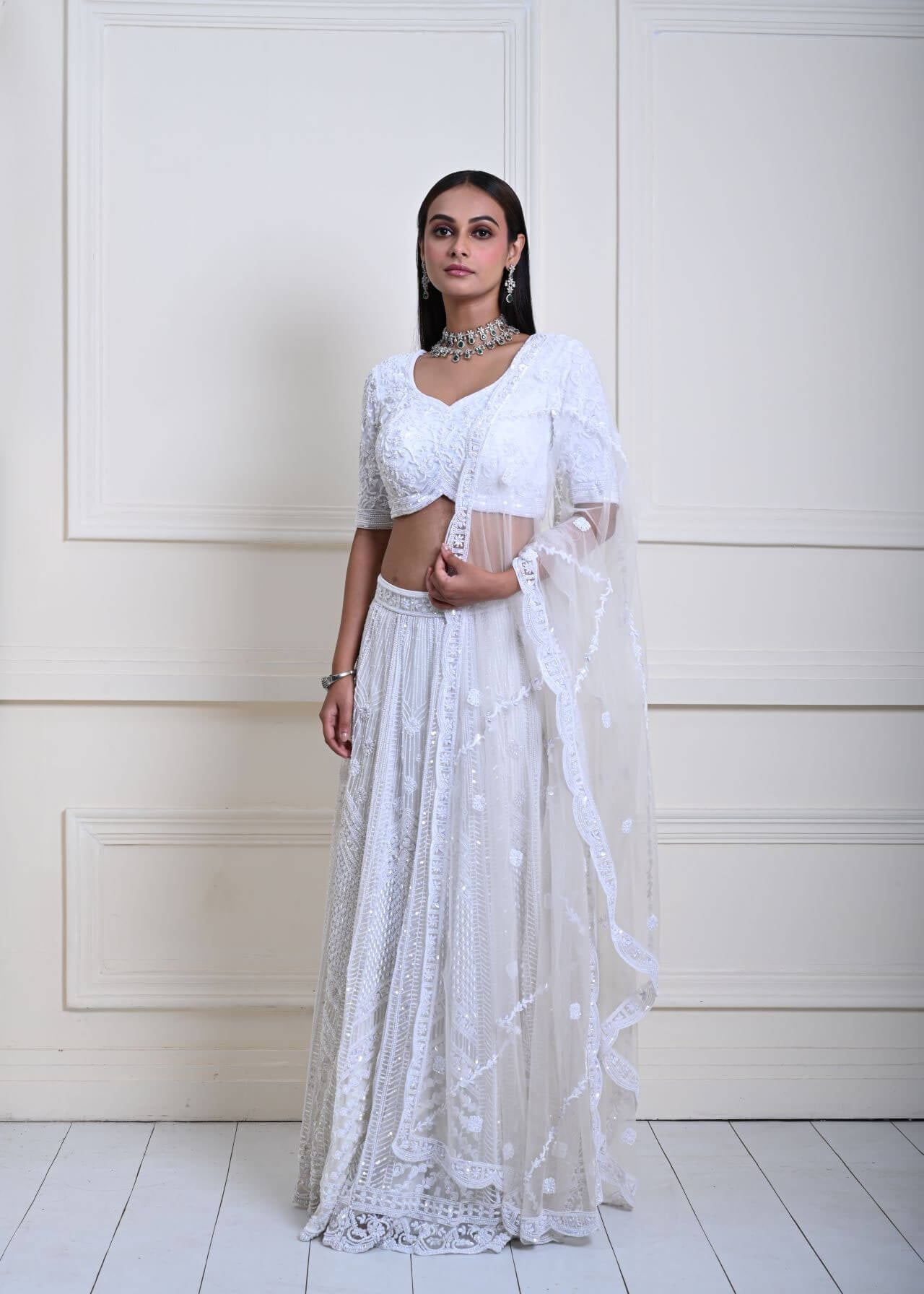 Timeless Ivory White Bridal Lehenga | Pearl Hand Embroidery