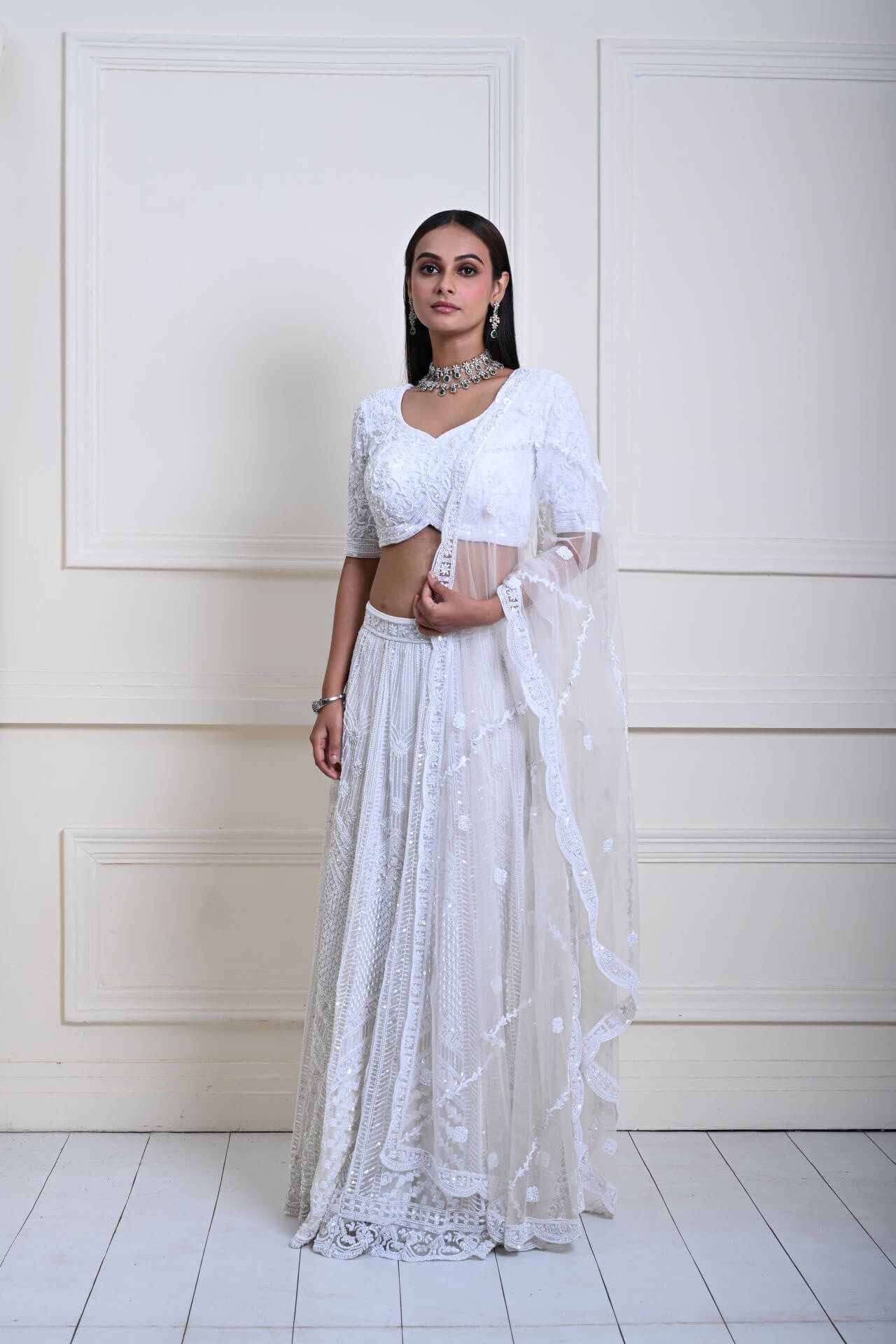 Timeless Ivory White Bridal Lehenga | Pearl Hand Embroidery