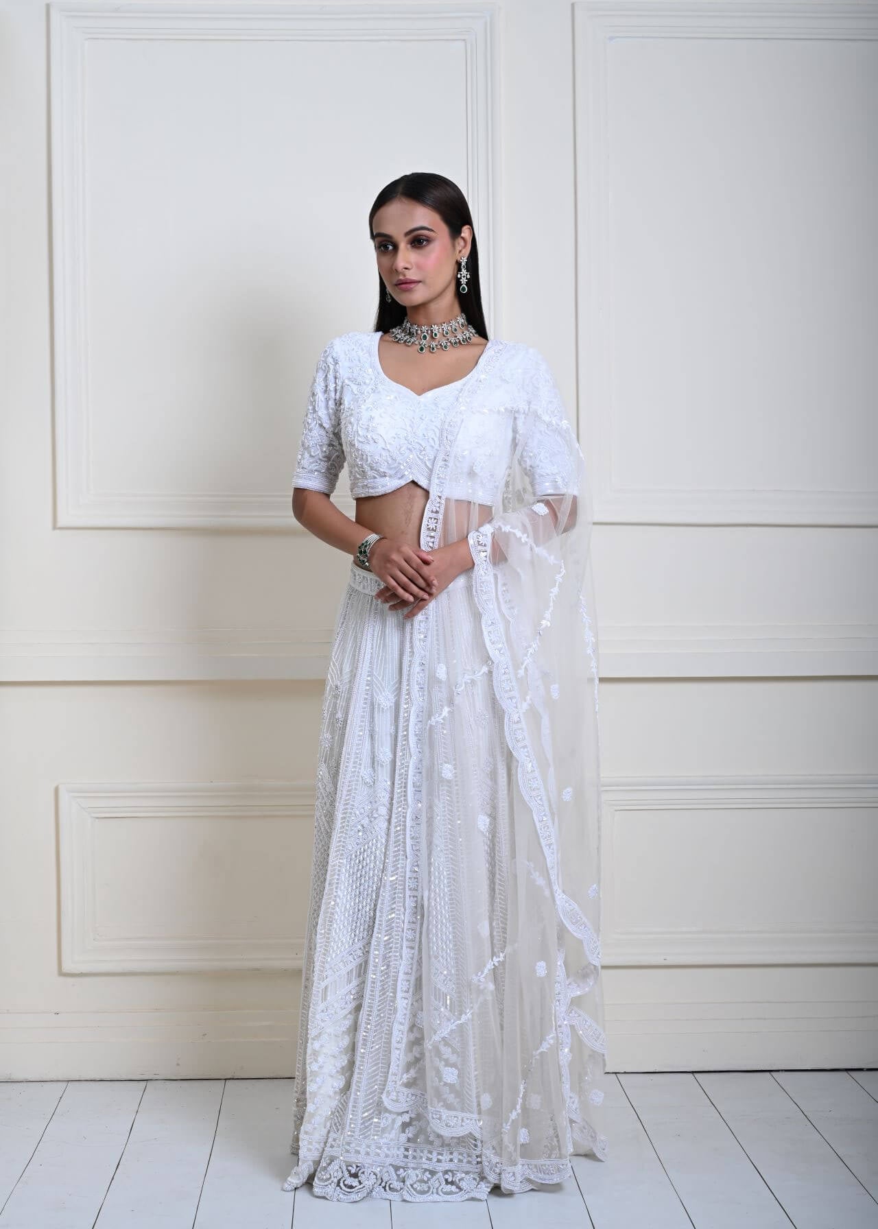 Timeless Ivory White Bridal Lehenga | Pearl Hand Embroidery