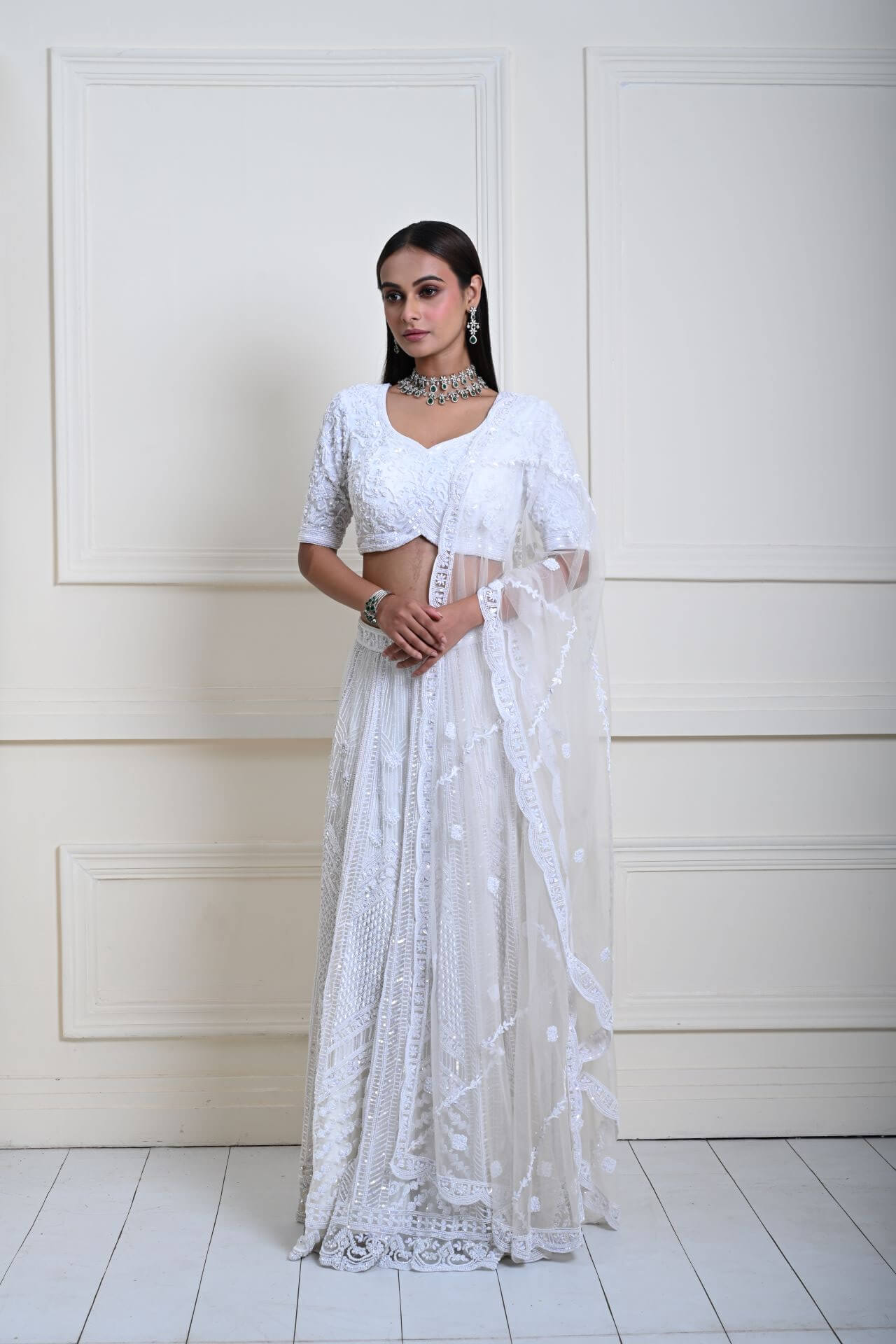 Timeless Ivory White Bridal Lehenga | Pearl Hand Embroidery