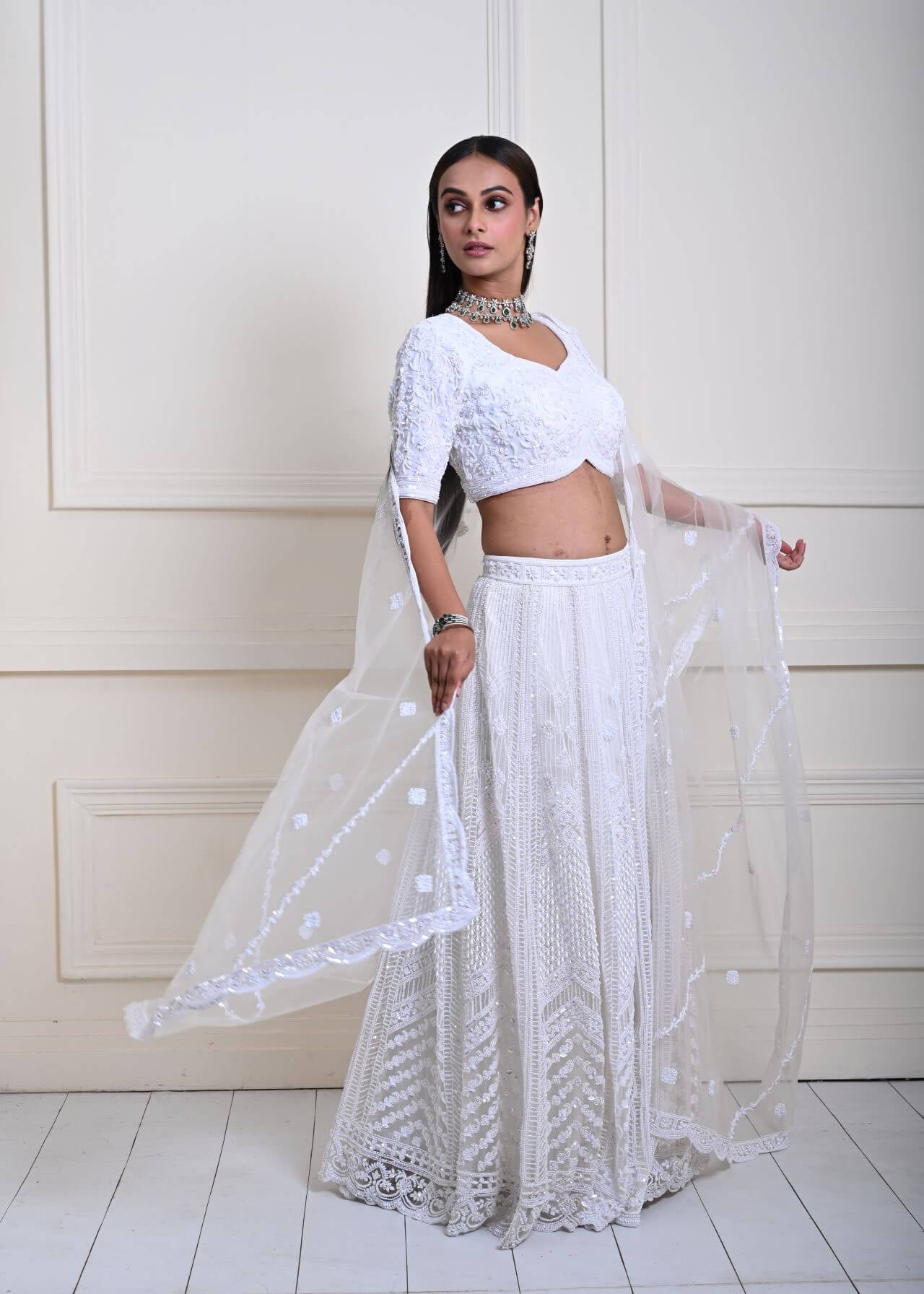 Timeless Ivory White Bridal Lehenga | Pearl Hand Embroidery