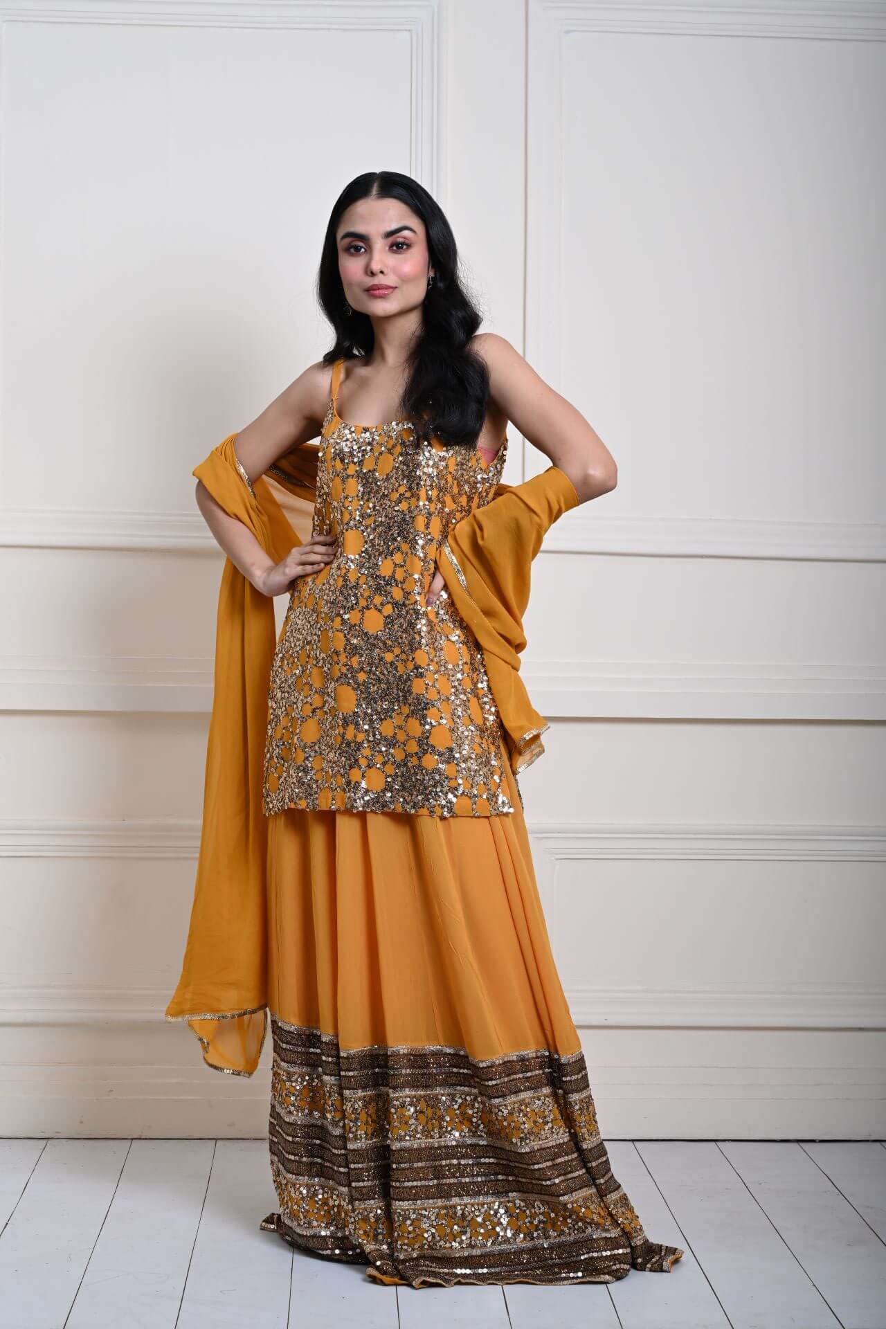 Stylish Mustard Yellow Lehenga | Long Top Design