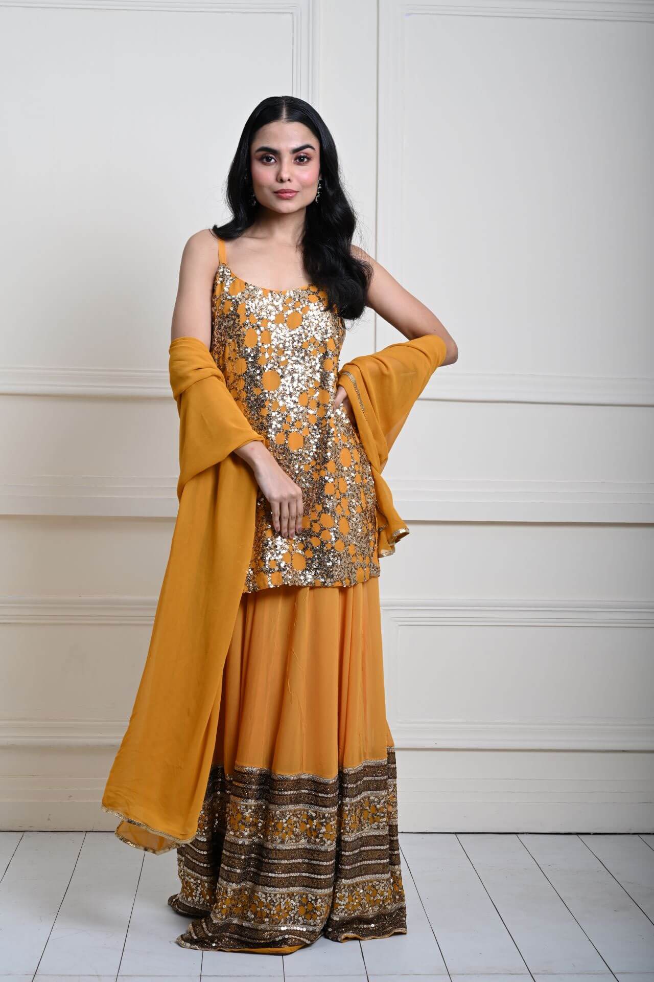 Stylish Mustard Yellow Lehenga | Long Top Design