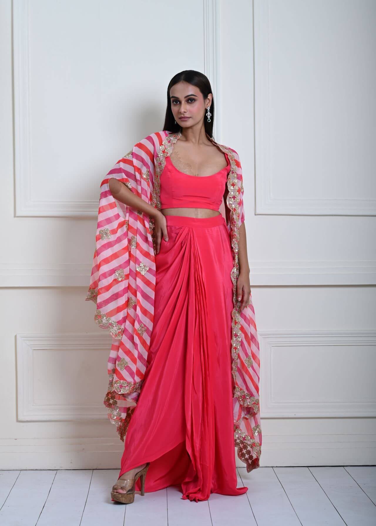 Designer Rani Pink Drape Skirt with Stylish Embroidered Cape Set 