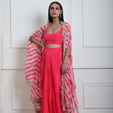 Designer Rani Pink Drape Skirt with Stylish Embroidered Cape Set 