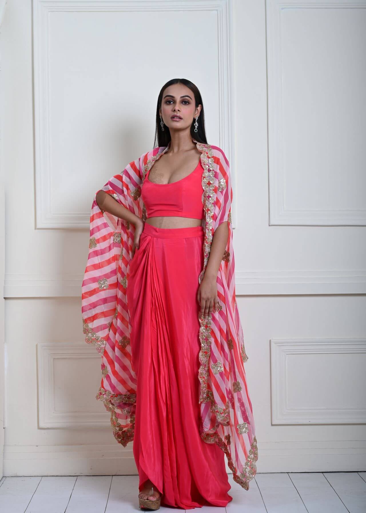 Designer Rani Pink Drape Skirt with Stylish Embroidered Cape Set 