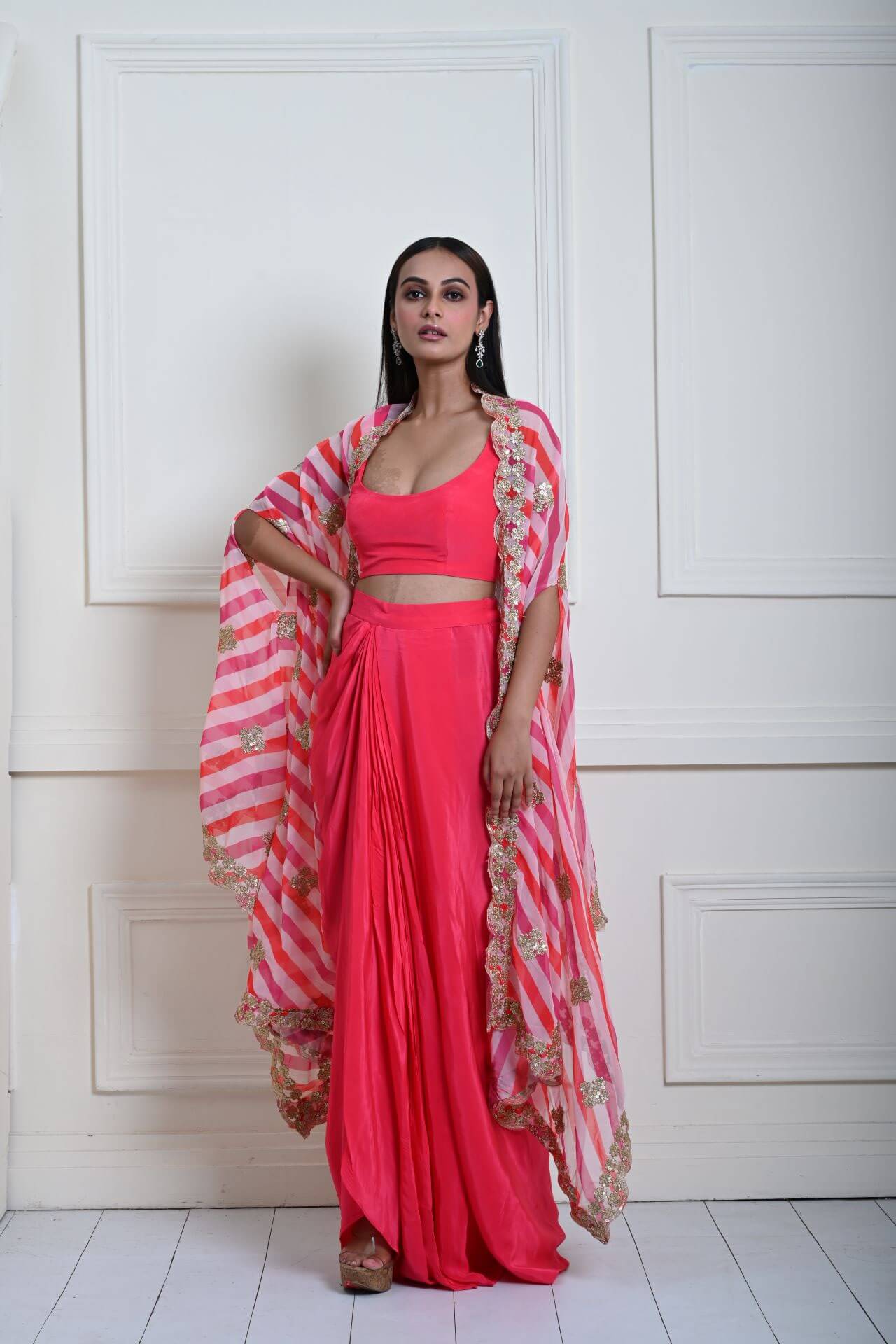 Designer Rani Pink Drape Skirt with Stylish Embroidered Cape Set 