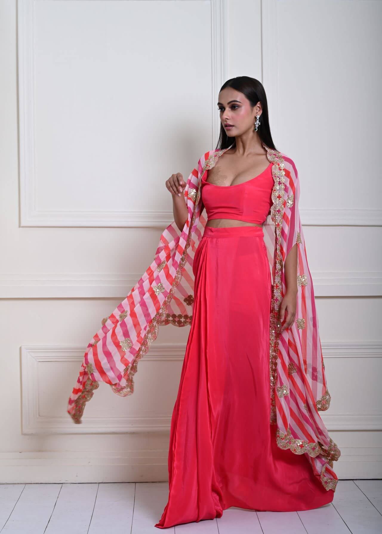 Designer Rani Pink Drape Skirt with Stylish Embroidered Cape Set 