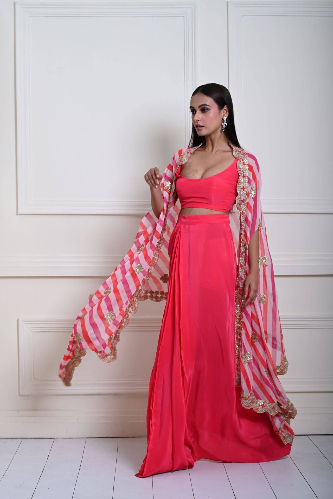 Designer Rani Pink Drape Skirt with Stylish Embroidered Cape Set 