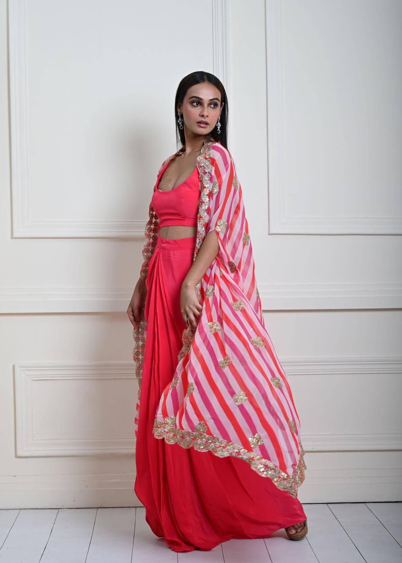 Elegant Rani Pink Draped Skirt and Stylish Cape Set | Indain Fashion