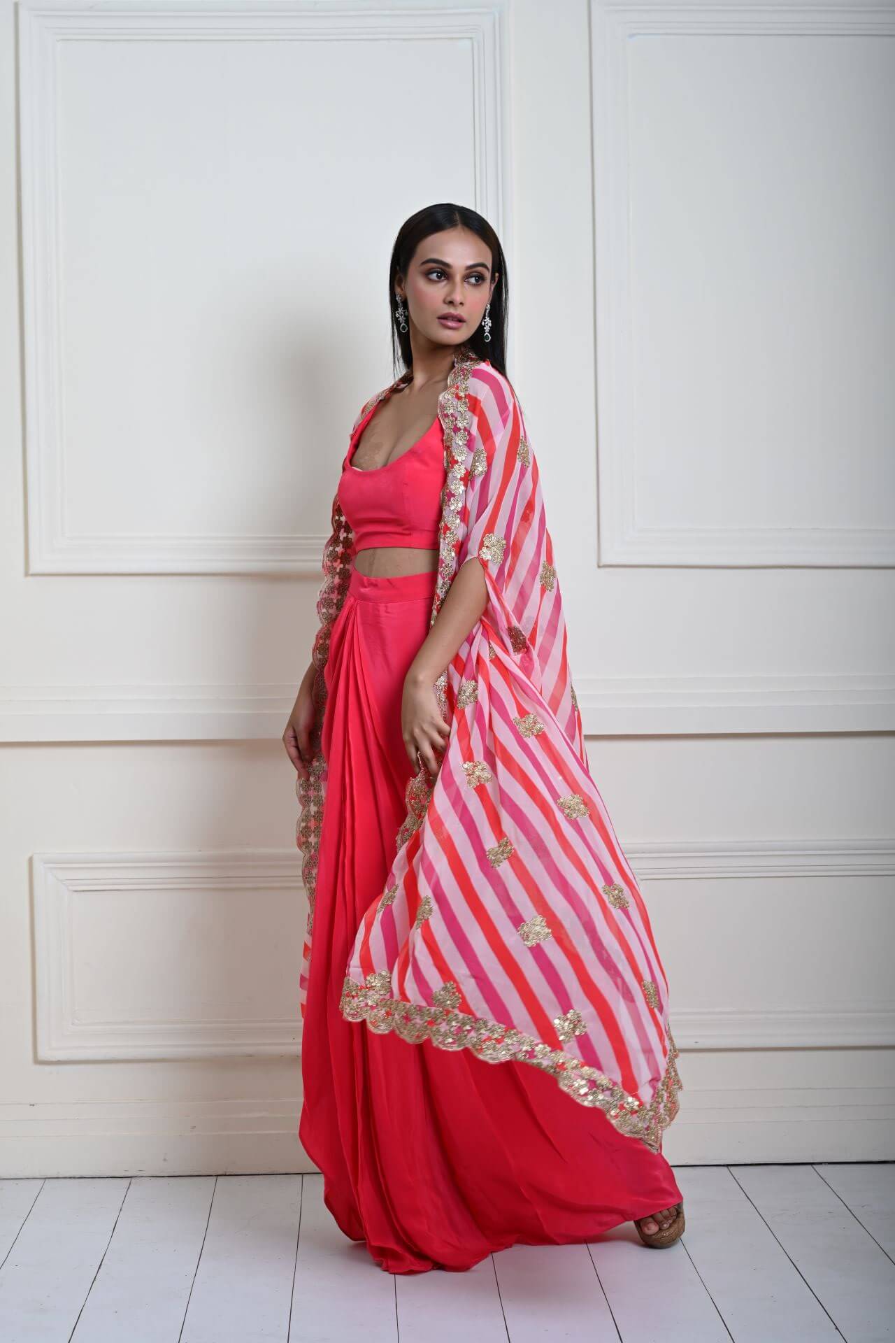 Elegant Rani Pink Draped Skirt and Stylish Cape Set | Indain Fashion