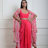 Elegant Rani Pink Draped Skirt and Stylish Cape Set | Indain Fashion