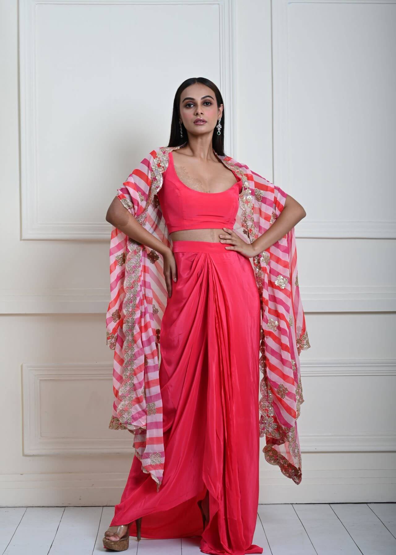 Elegant Rani Pink Draped Skirt and Stylish Cape Set | Indain Fashion