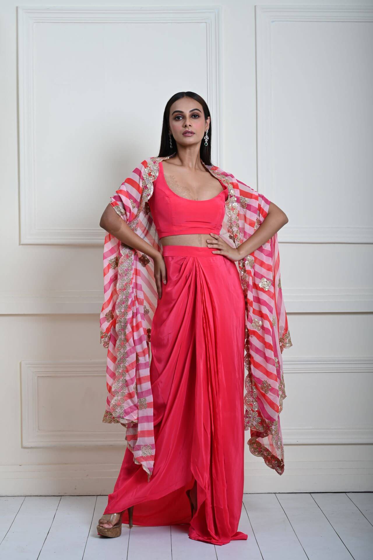 Elegant Rani Pink Draped Skirt and Stylish Cape Set | Indain Fashion