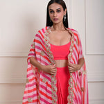 Stylish Rani Pink Drape Skirt and Cape Set with Intricate Zari Detailing | Party Wear